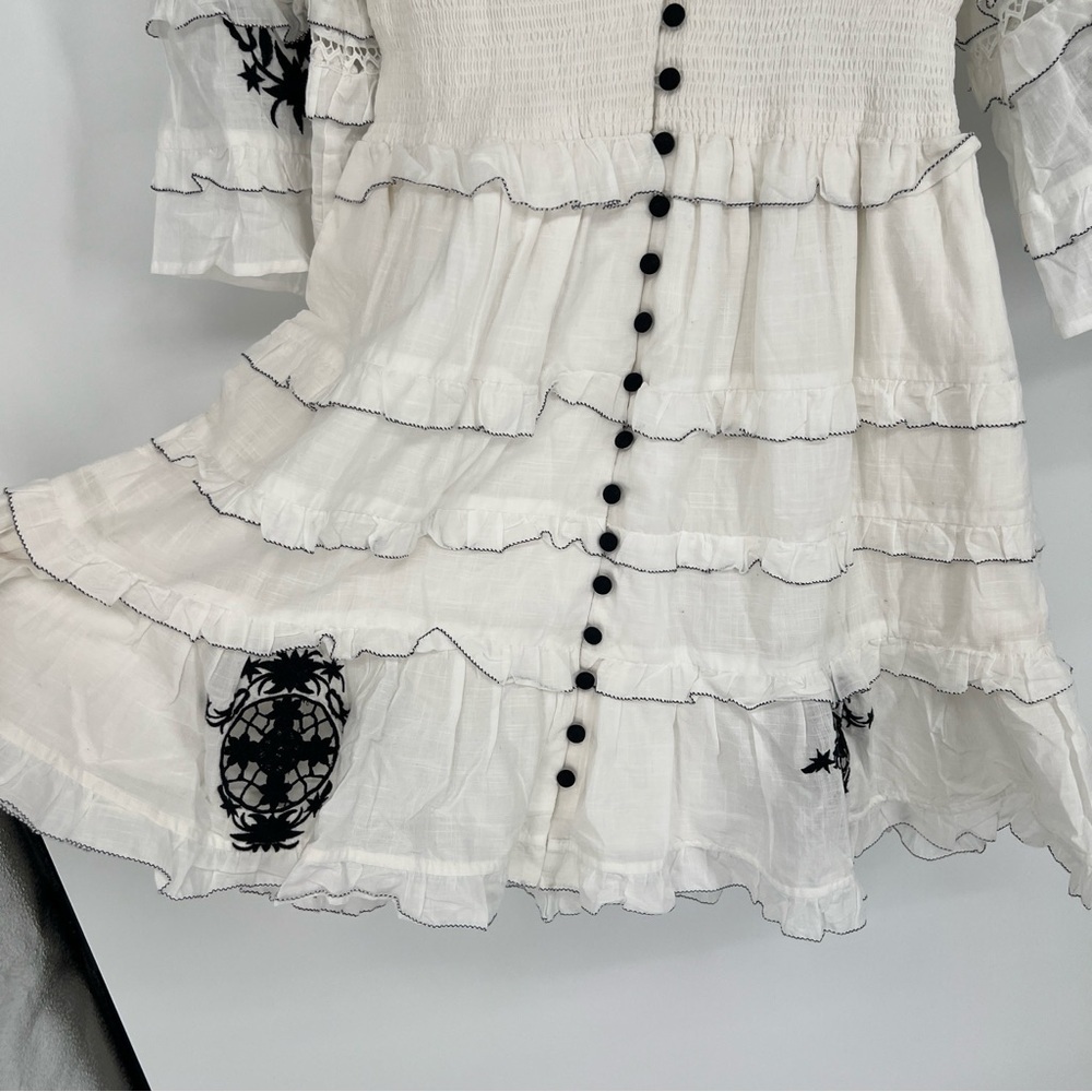 Anthropologie White Black Floral Lace Ruffled Button Down Bohemian Mini Dress S - Picture 5 of 7